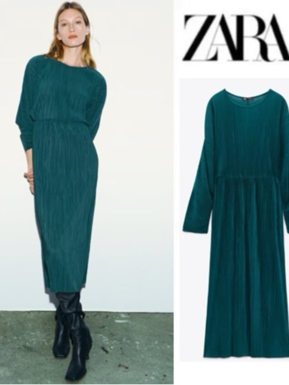 ZARA Teal Pleated Long Sleeve Midi Dress